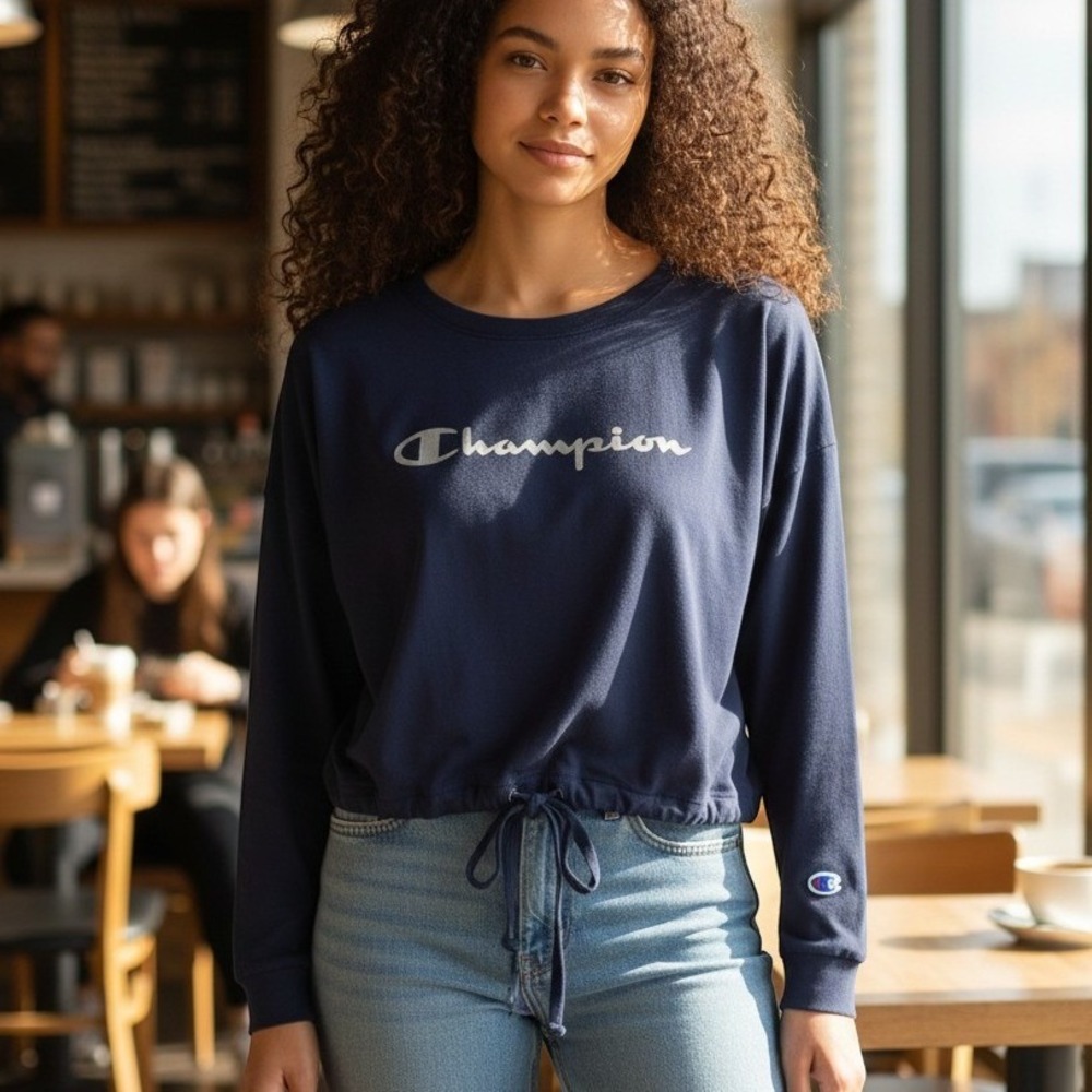 Champion Womens Navy Blue Long Sleeve Cinch Hem Logo Top Medium PD-PO-000429